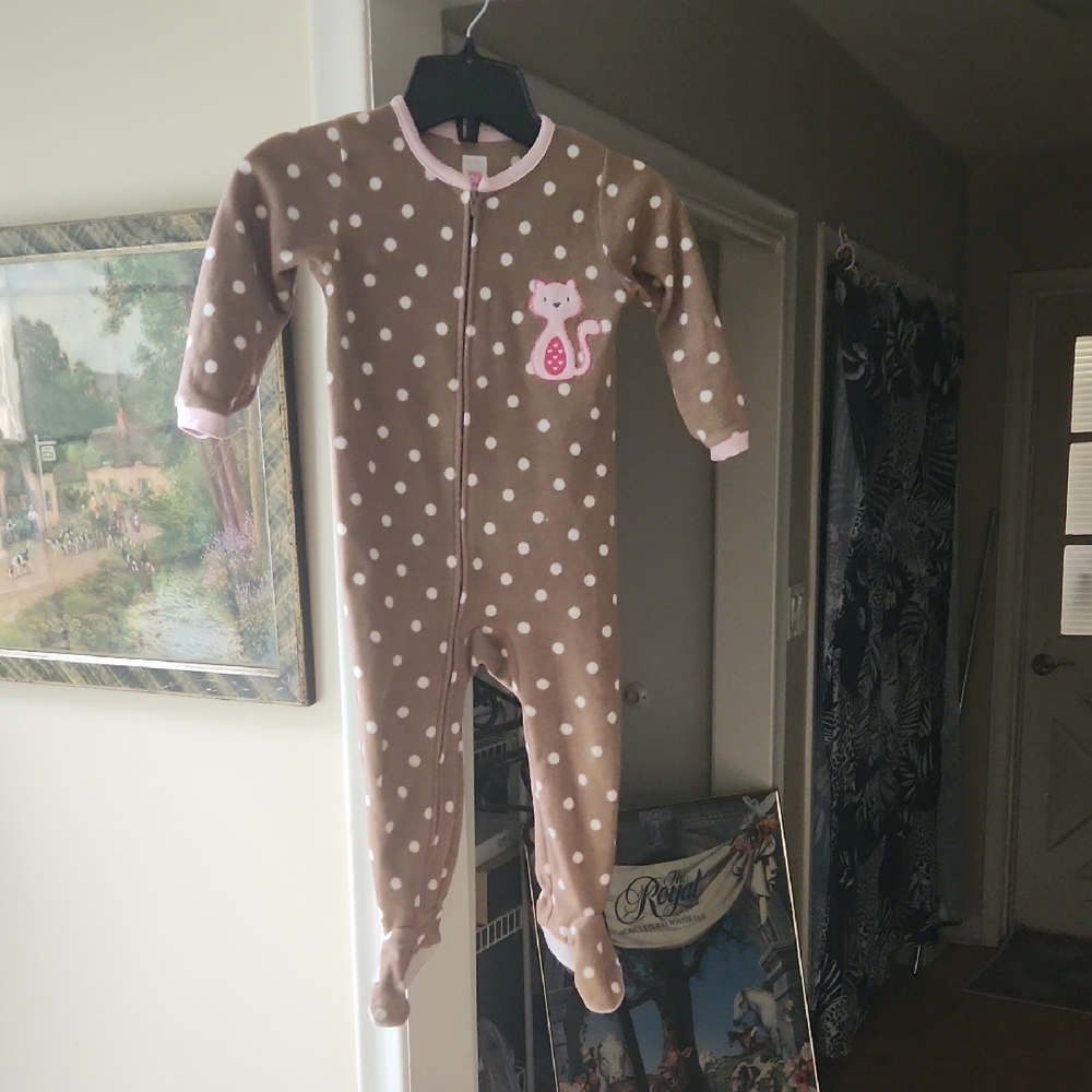 M3 Carter's Brown, Pink & White Polka Dot Footie. Full zipper - foot to collar